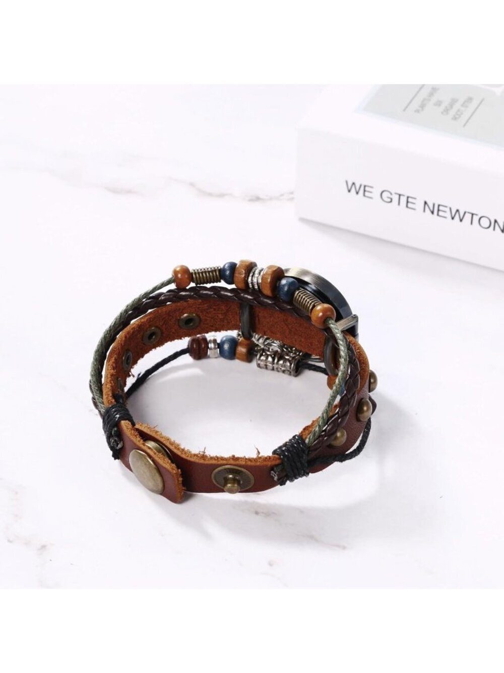 Womens Brown Analog Leaf Roman Numerals Bracelet Weave Wrap Around Leather Watch - Picture 3 of 6